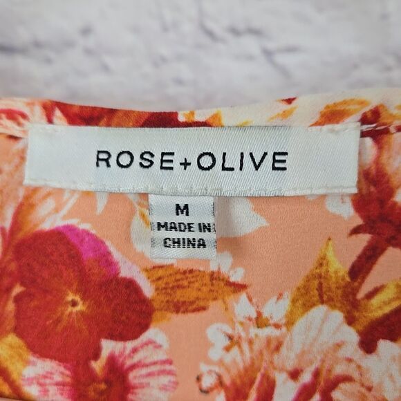 Rose + Olive Smocked Peach Floral Peasant Top Chiffon Ladies Blouse Pullover - Picture 3 of 9